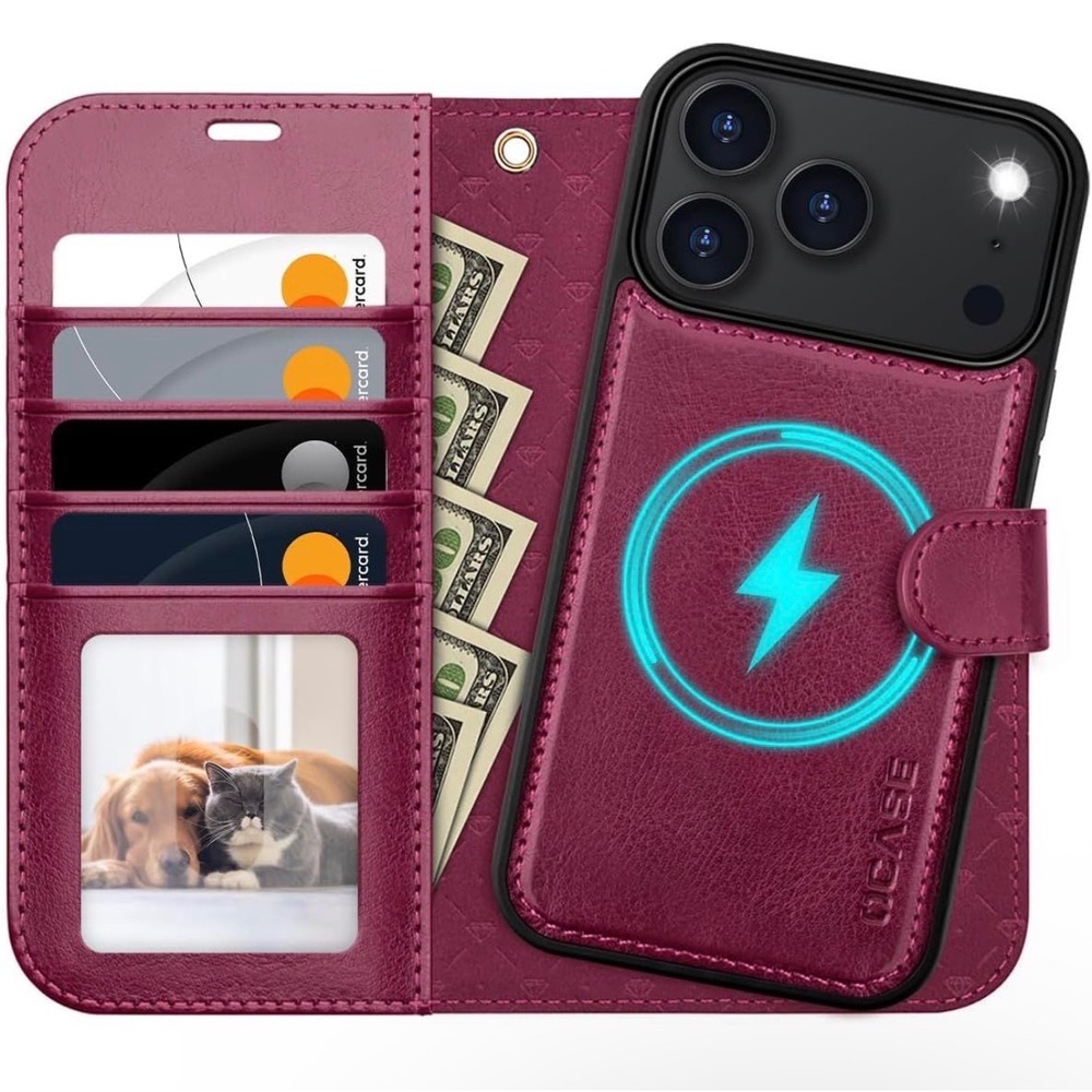 OCASE‎ iPhone 17 Pro Max Detachable Wallet Case RFID PU Leather Burgundy Folio